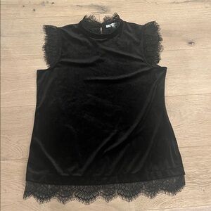 Rose + Olive Black Velvet Lace Trim Mock Neck Sleeveless Top Romantic Whimsigoth